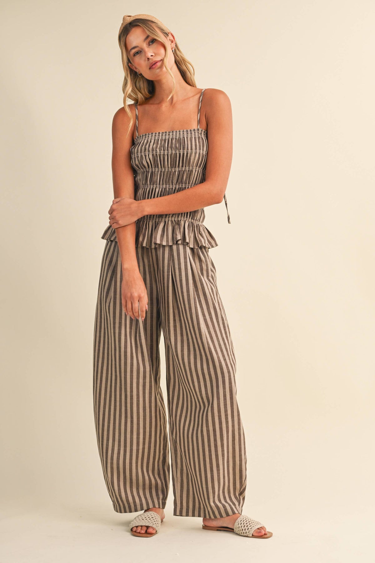 Striped Ruffle Hem Smocked Jumpsuit-Klesis - IJP3436