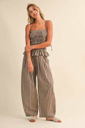 Striped Ruffle Hem Smocked Jumpsuit-Klesis - IJP3436