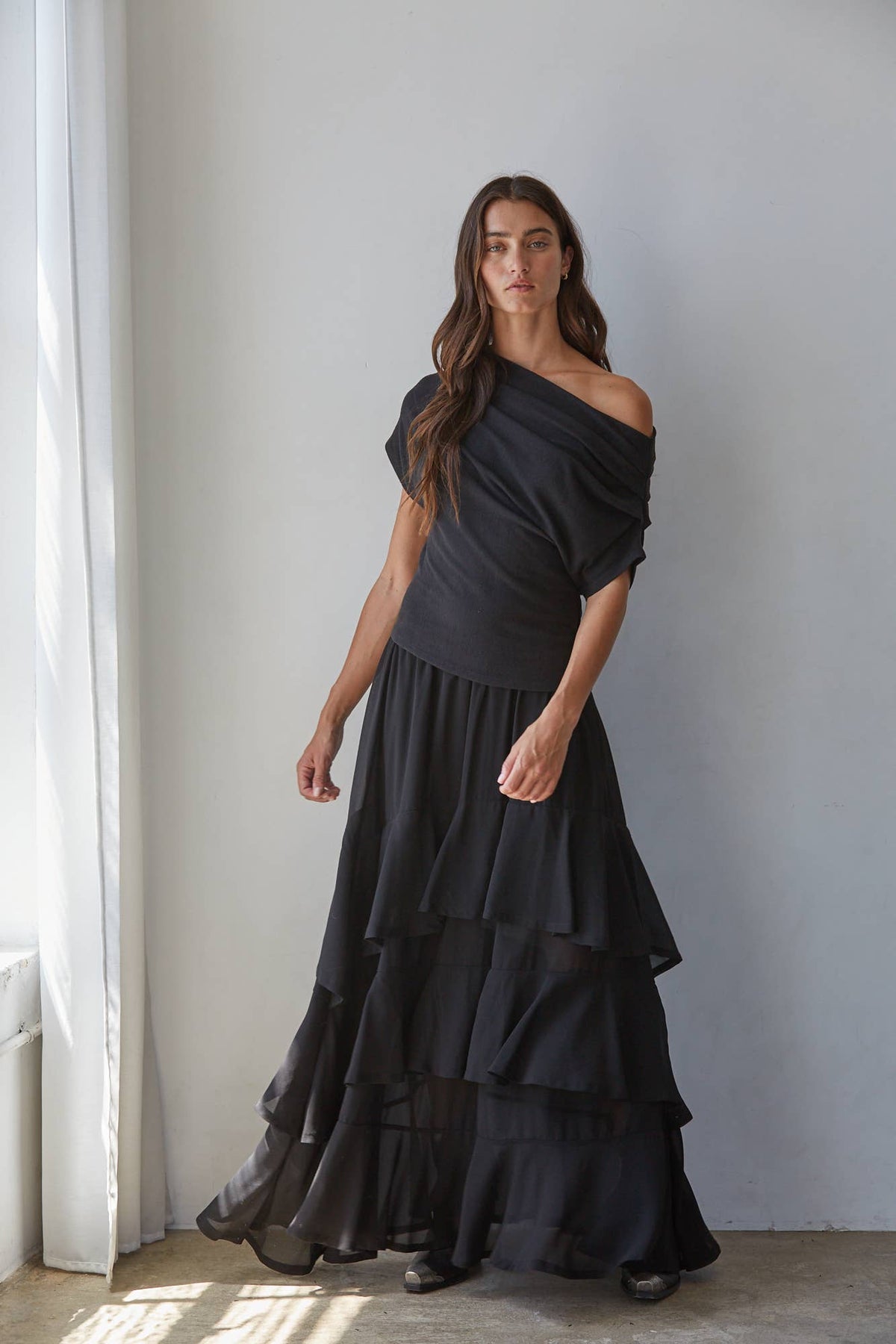 Solid Off Shoulder Drape Top-By Together L10213