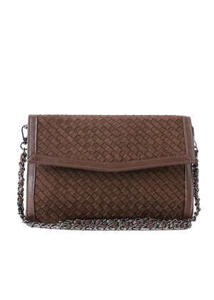 Haute Shore - Chocolate Brown Woven Clutch Purse for Women – Vegan Leather Envelope Crossbody Bag with Magnetic Closure & Detachable Chain Strap, Small Evening Shoulder Bag