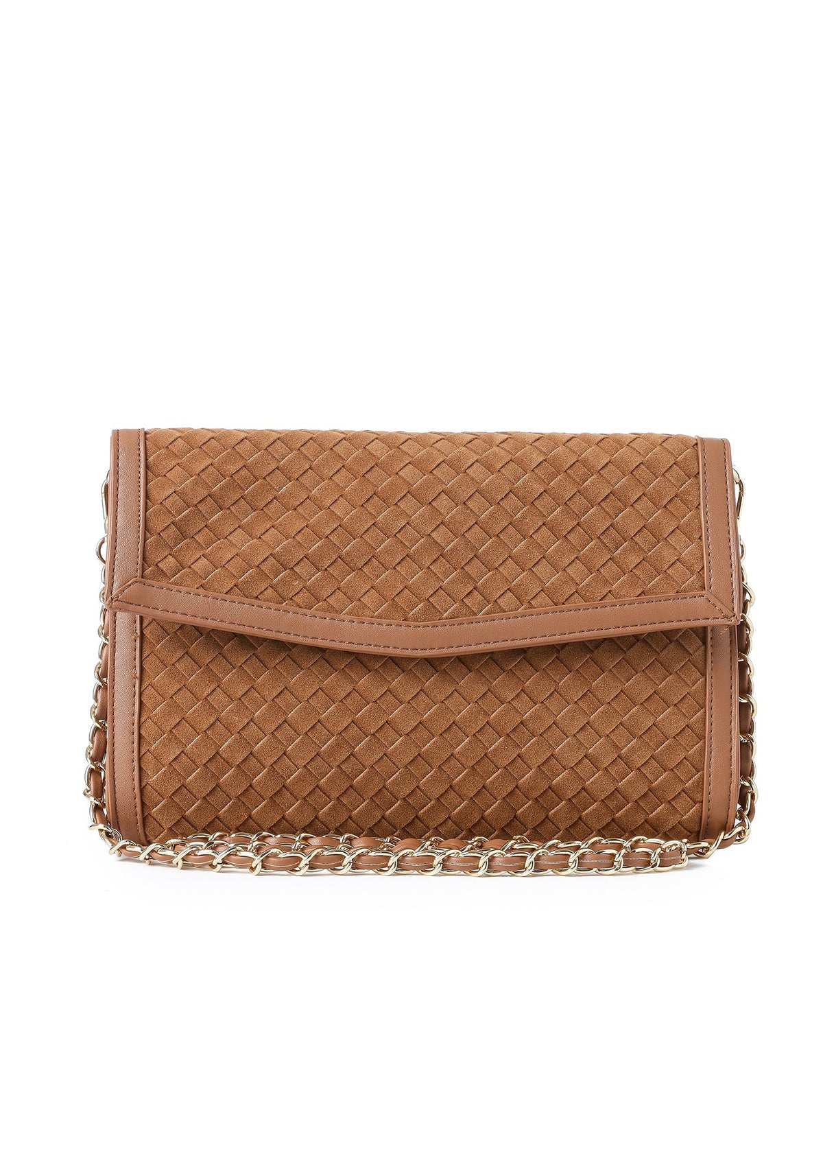 Haute Shore - Beth Saddle Brown Woven Clutch Purse for Women – Vegan Leather Envelope Crossbody Bag with Magnetic Closure & Detachable Chain Strap, Small Evening Shoulder Bag