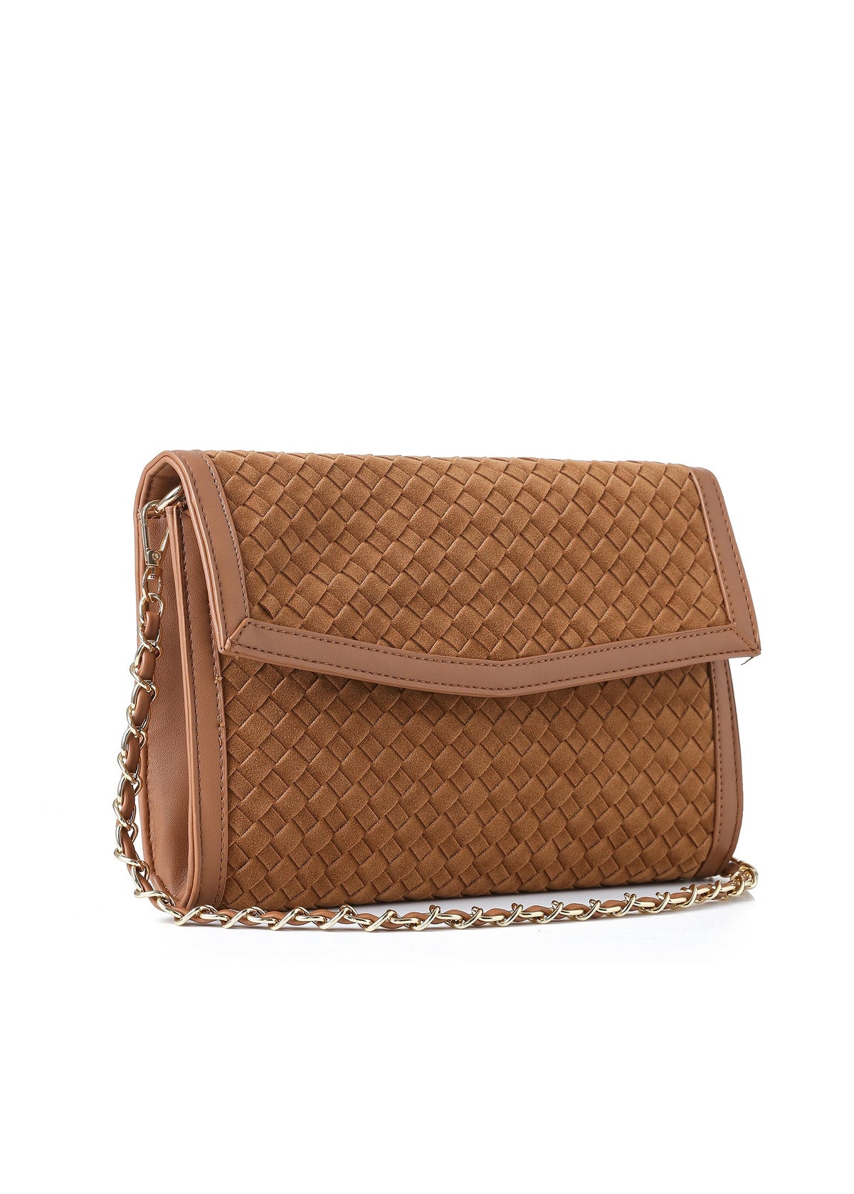 Haute Shore - Beth Saddle Brown Woven Clutch Purse for Women – Vegan Leather Envelope Crossbody Bag with Magnetic Closure & Detachable Chain Strap, Small Evening Shoulder Bag