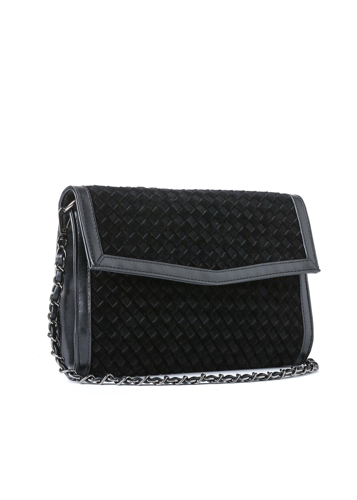 Haute Shore - Black Woven Clutch Purse for Women – Vegan Leather Envelope Crossbody Bag with Magnetic Closure & Detachable Chain Strap, Small Evening Shoulder Bag