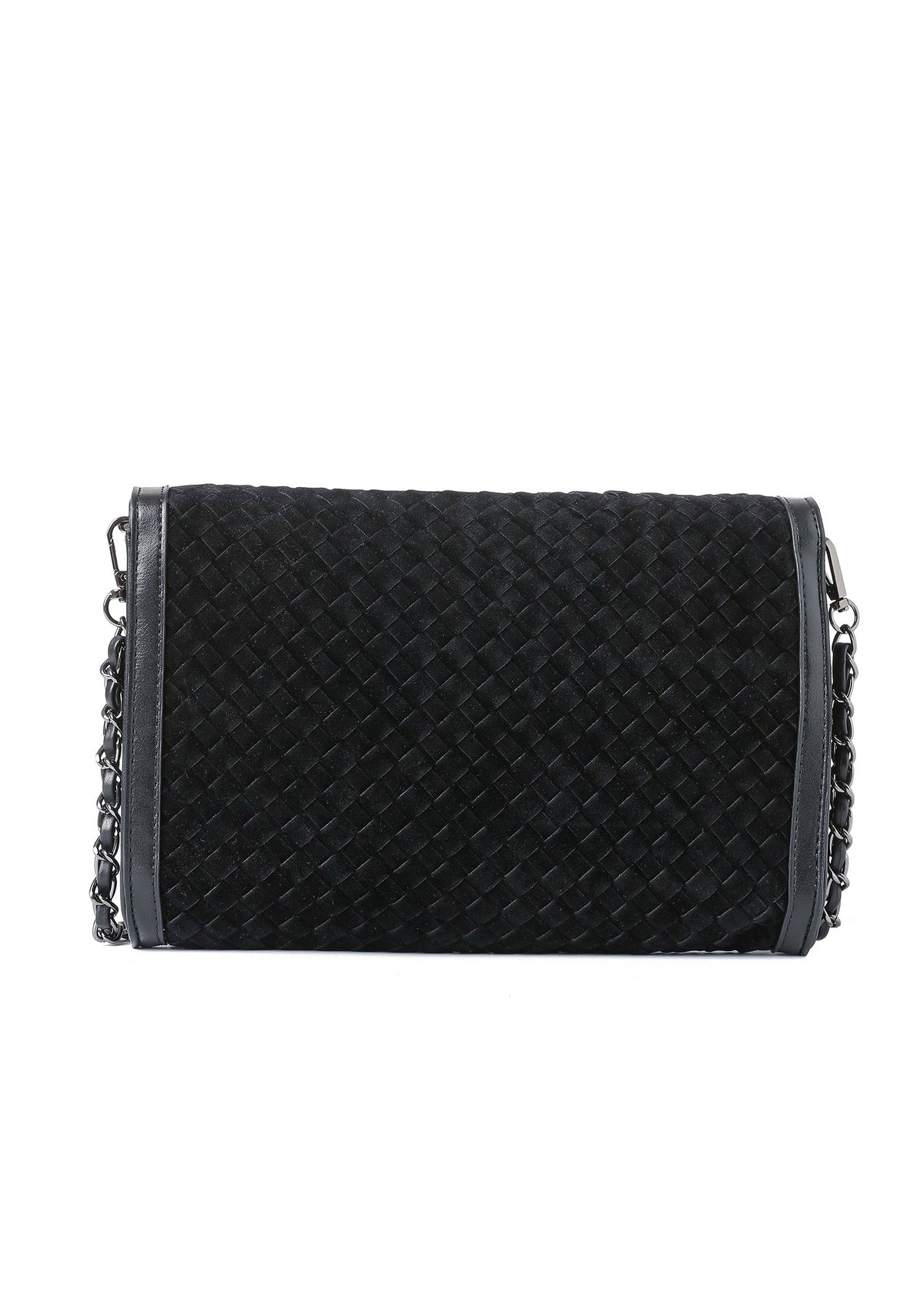 Haute Shore - Black Woven Clutch Purse for Women – Vegan Leather Envelope Crossbody Bag with Magnetic Closure & Detachable Chain Strap, Small Evening Shoulder Bag