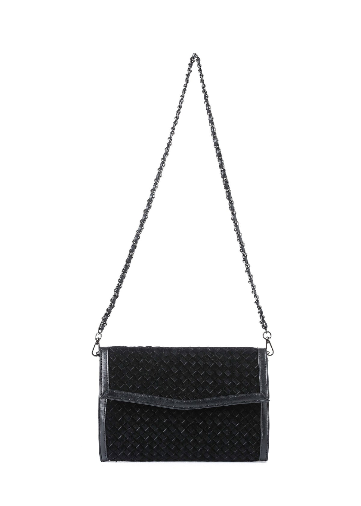 Haute Shore - Black Woven Clutch Purse for Women – Vegan Leather Envelope Crossbody Bag with Magnetic Closure & Detachable Chain Strap, Small Evening Shoulder Bag