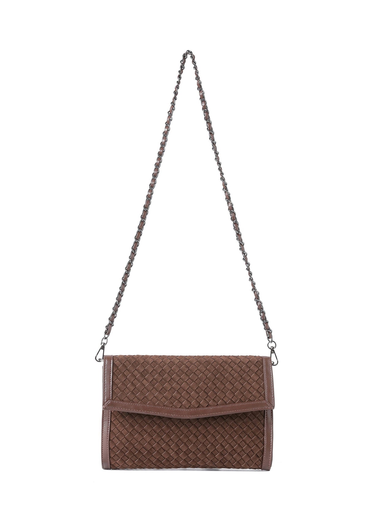 Haute Shore - Chocolate Brown Woven Clutch Purse for Women – Vegan Leather Envelope Crossbody Bag with Magnetic Closure & Detachable Chain Strap, Small Evening Shoulder Bag