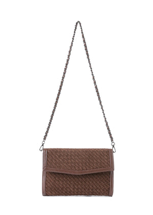 Haute Shore - Chocolate Brown Woven Clutch Purse for Women – Vegan Leather Envelope Crossbody Bag with Magnetic Closure & Detachable Chain Strap, Small Evening Shoulder Bag