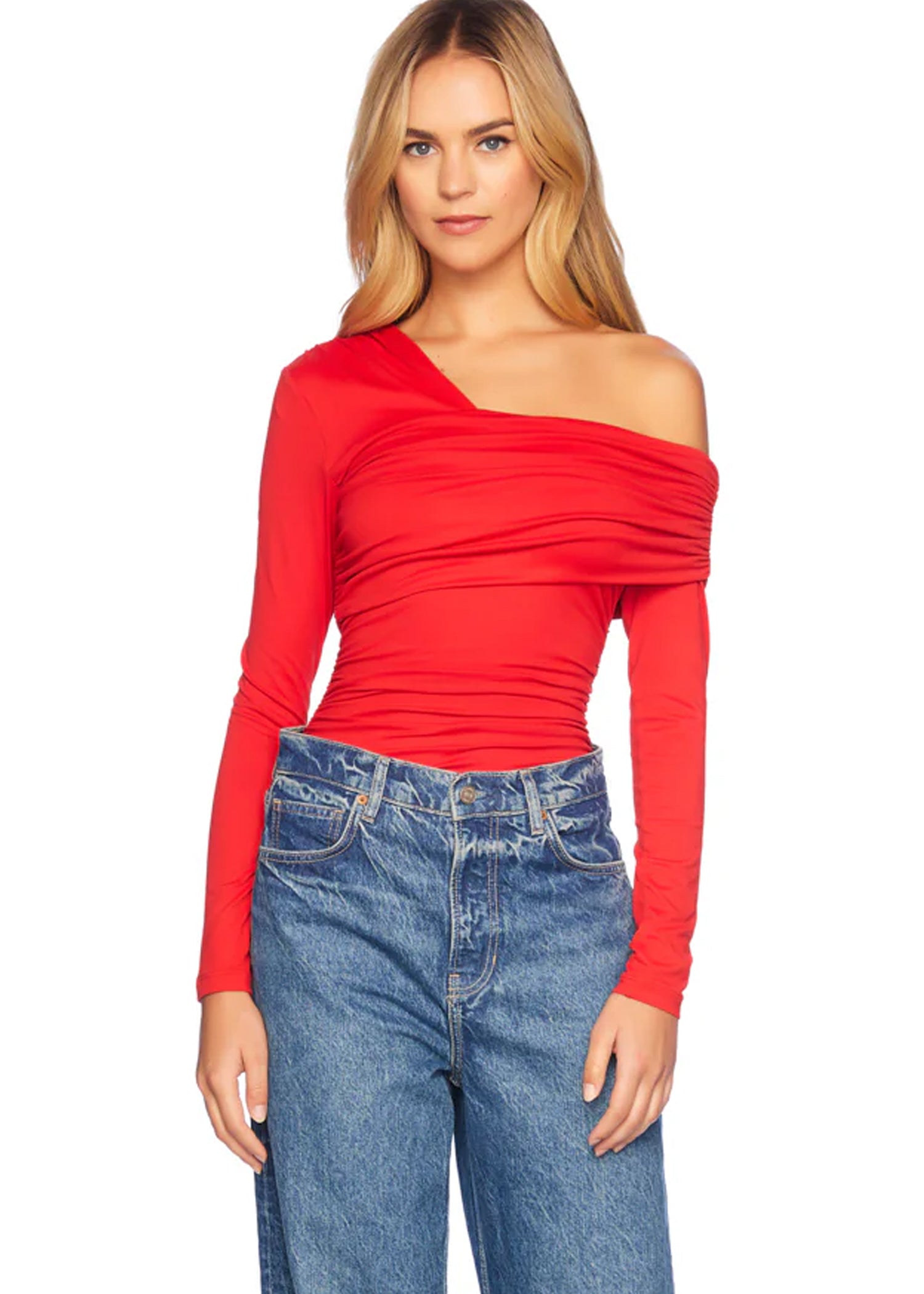 One Off Shoulder Long Sleeve Top in Red - Susana Monaco - Londo Mondo