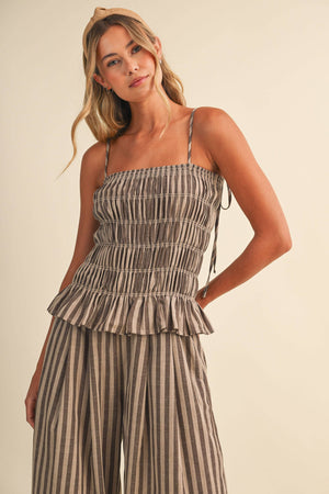 Striped Ruffle Hem Smocked Jumpsuit-Klesis - IJP3436