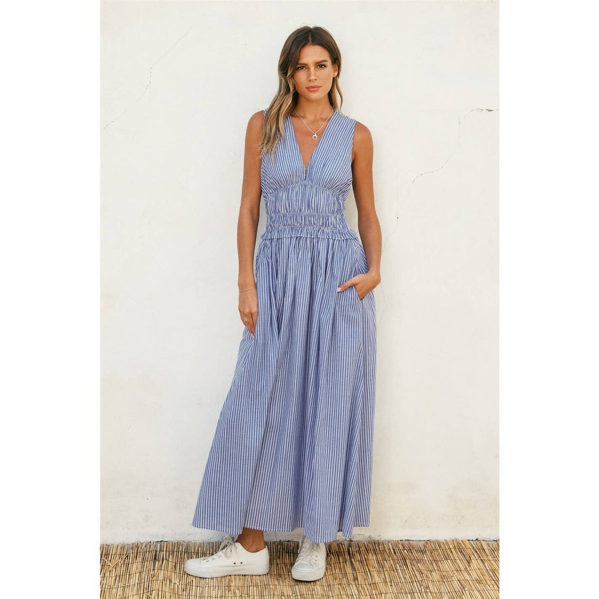 Stripe V Neck Shirred Waist Midi Dress-Dress Forum FD12374-P1936