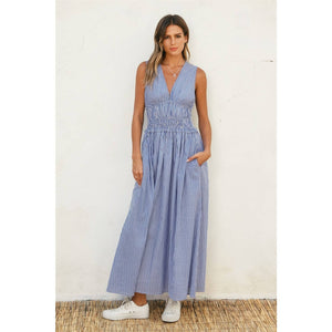 Stripe V Neck Shirred Waist Midi Dress-Dress Forum FD12374-P1936