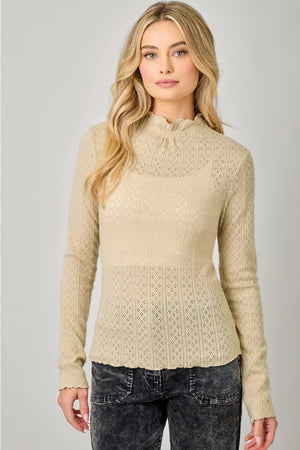 Lettuce Edge Fitted Mock Neck Top in Almond - Mystree