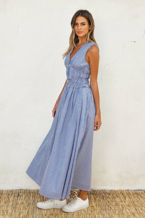 Stripe V Neck Shirred Waist Midi Dress-Dress Forum FD12374-P1936