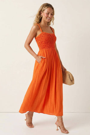 Smocked Maxi Dress W/ Cord Strap Detail-Naked Zebra VD119831