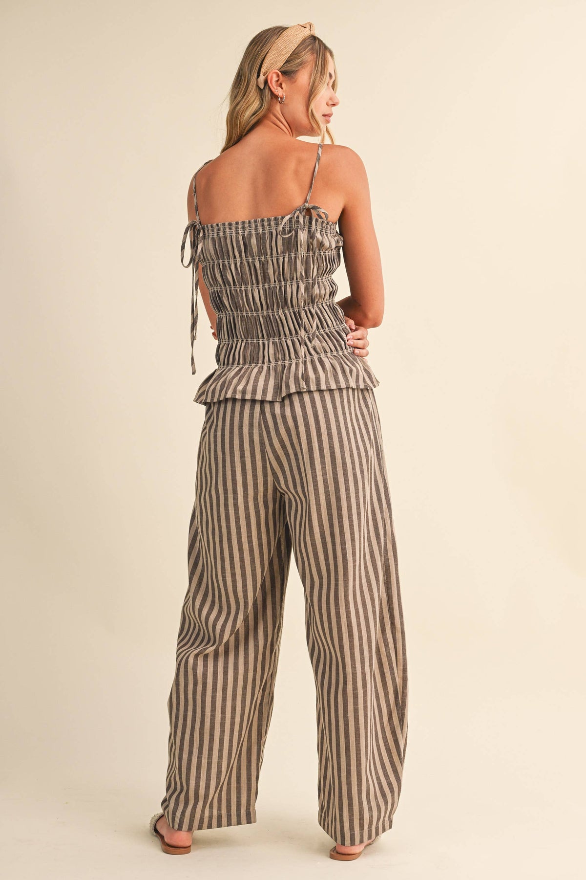 Striped Ruffle Hem Smocked Jumpsuit-Klesis - IJP3436