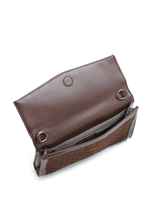 Haute Shore - Chocolate Brown Woven Clutch Purse for Women – Vegan Leather Envelope Crossbody Bag with Magnetic Closure & Detachable Chain Strap, Small Evening Shoulder Bag