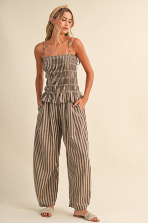 Striped Ruffle Hem Smocked Jumpsuit-Klesis - IJP3436