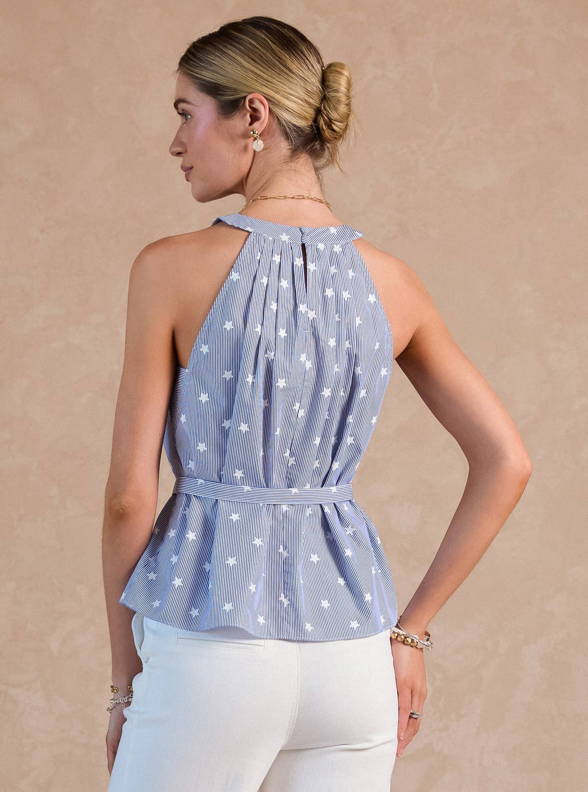 Stripe Star Print Belted Halter Top-Current Air