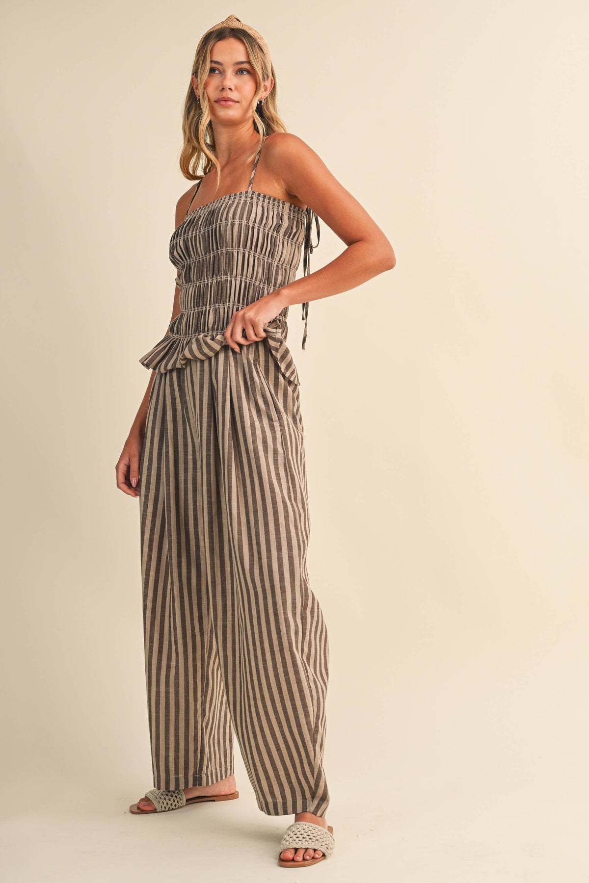 Striped Ruffle Hem Smocked Jumpsuit-Klesis - IJP3436