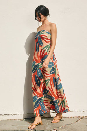 Tropical Leaf Strapless Tie Back Maxi Dress-Dress Forum