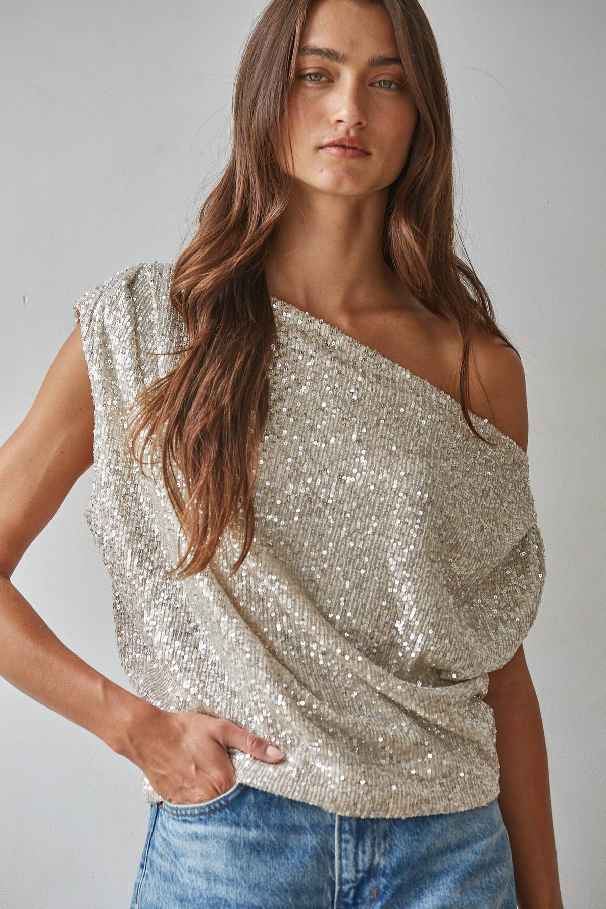 Sequin Boat Neck Top-By Together L10225T