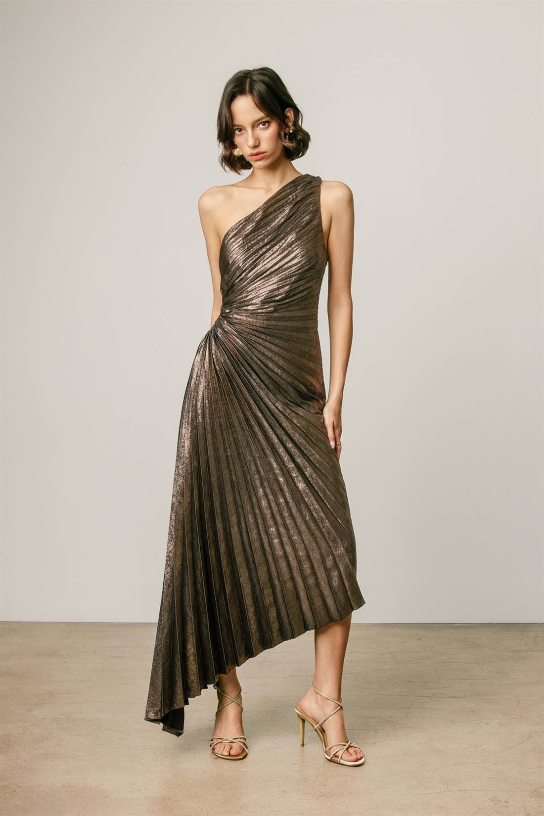Metallic Foil 1 Shoulder Asym Pleated Dress-Dress Forum FD10589