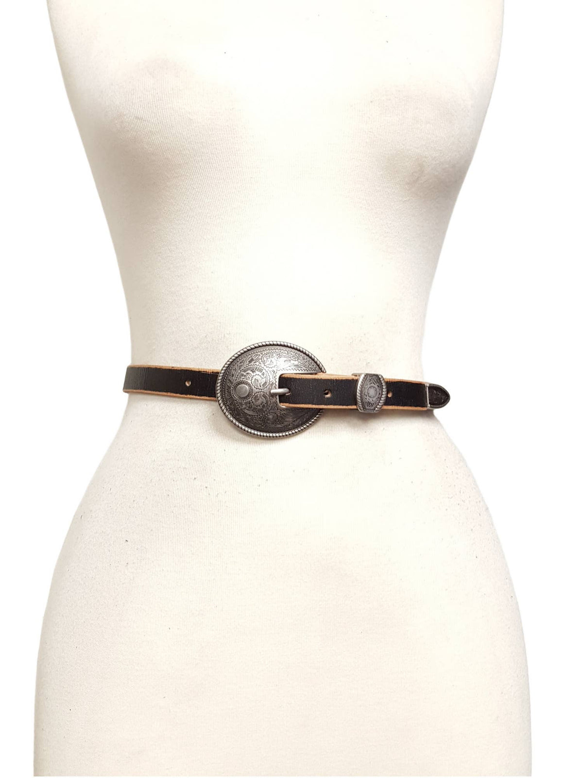 Vintage Skinny Leather Belt w/ antique silver floral buckle-Axesoria West