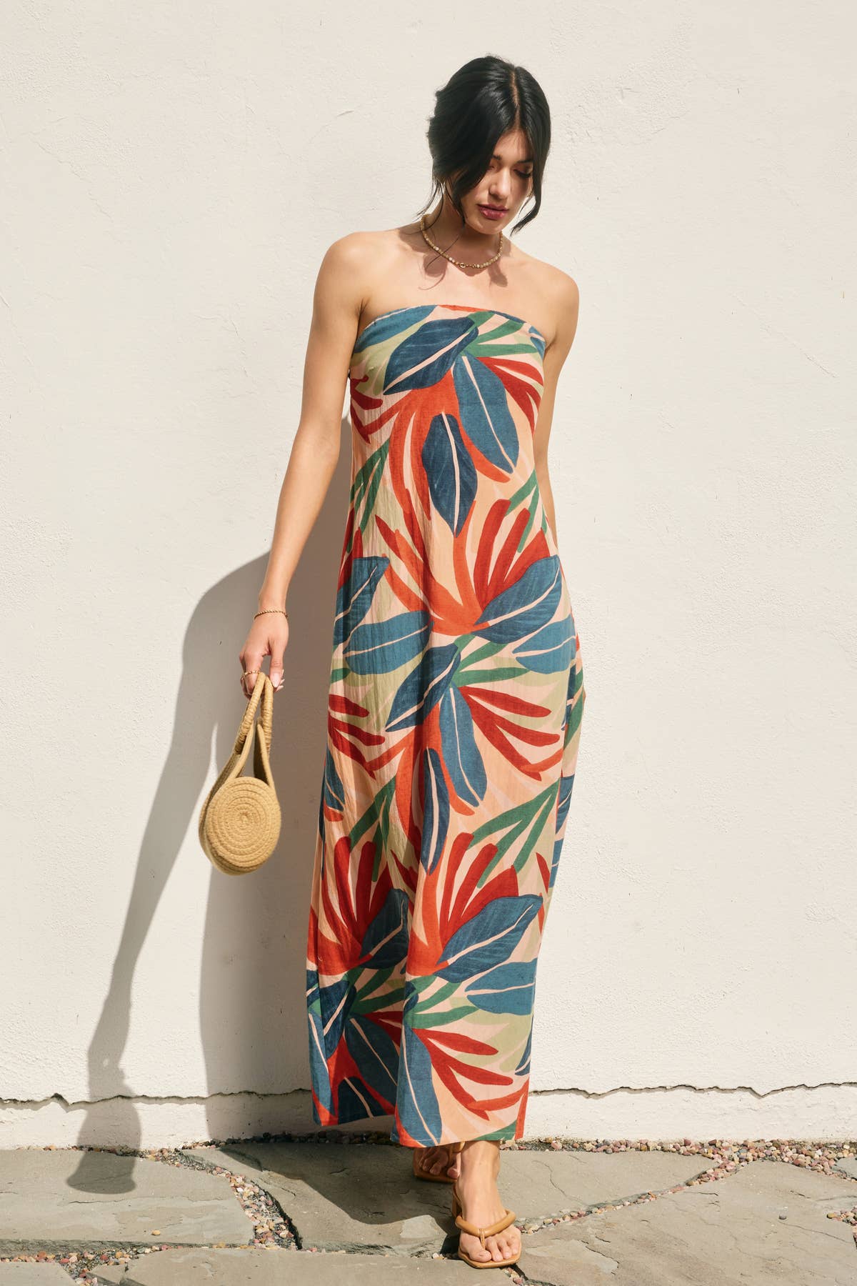 Tropical Leaf Strapless Tie Back Maxi Dress-Dress Forum