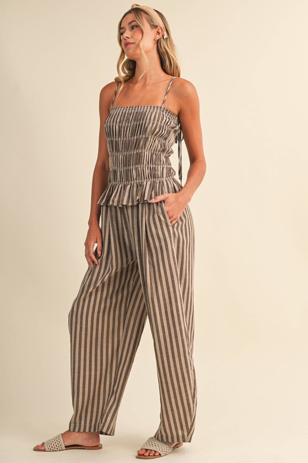 Striped Ruffle Hem Smocked Jumpsuit-Klesis - IJP3436