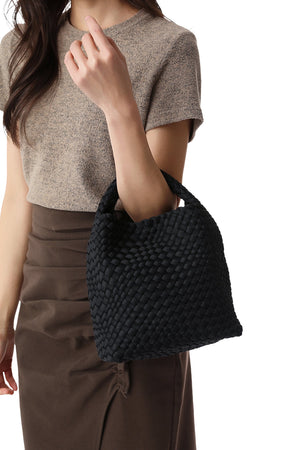 Haute Shore Shelly Woven Black Bucket Bag for Women – Convertible Top Handle Handbag with Removable Crossbody Strap & Matching Wristlet Pouch