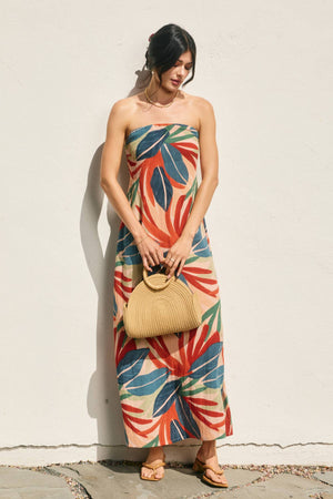 Tropical Leaf Strapless Tie Back Maxi Dress-Dress Forum