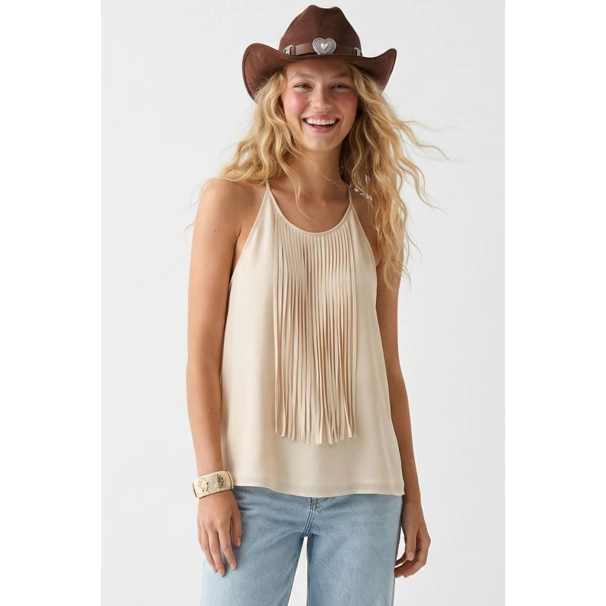 Spaghetti Fringe Top With Back Button Keyhole-Naked Zebra Qt71389