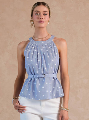 Stripe Star Print Belted Halter Top-Current Air