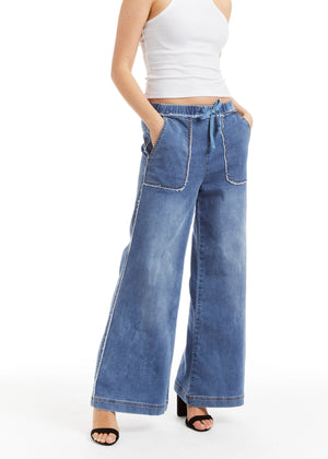 Mid Rise Lounge Pant in Medium Indigo - Tractr Jeans