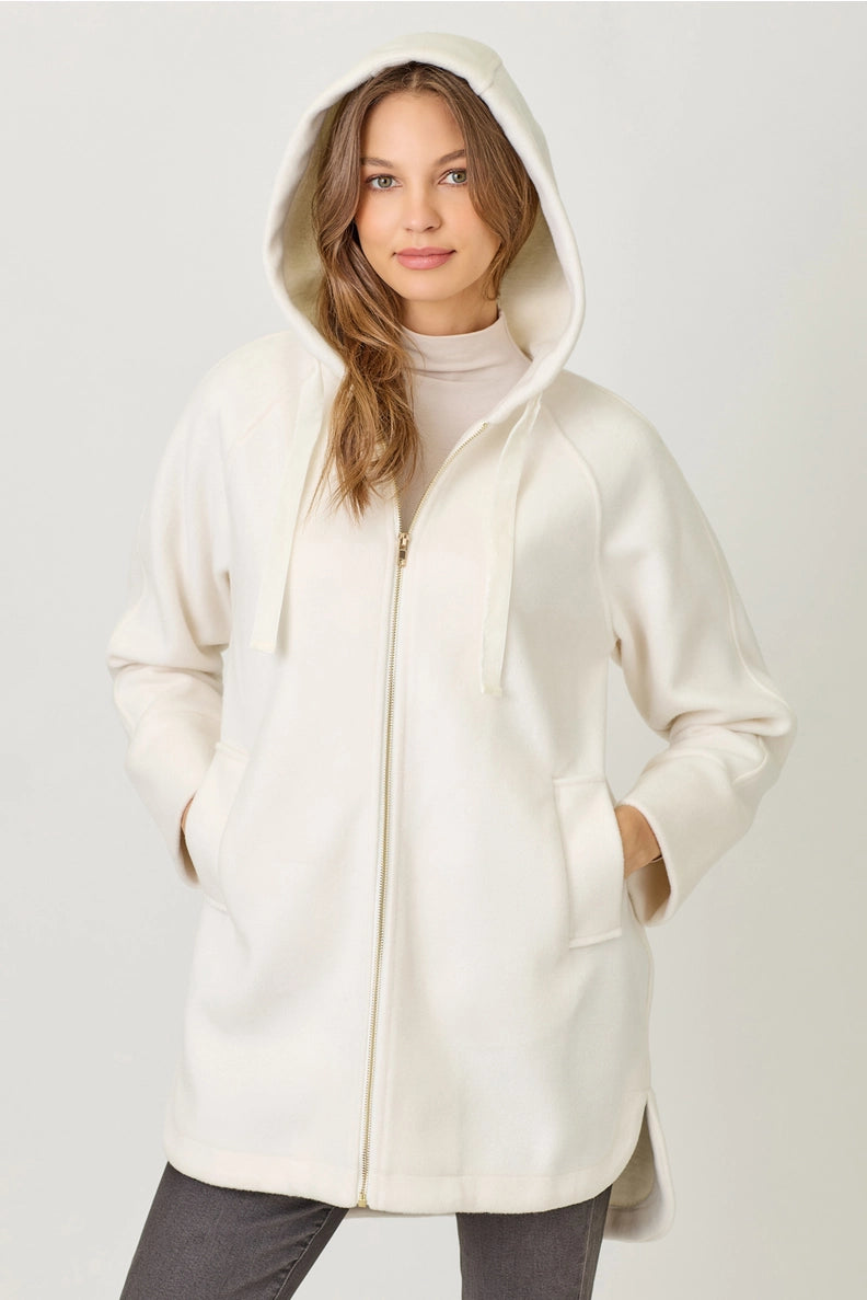 Hoodie Zip Up Coat in Ivory - Mystree