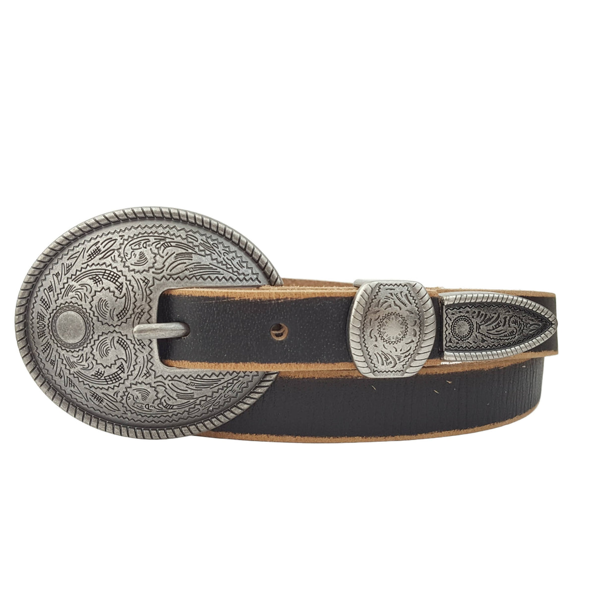 Vintage Skinny Leather Belt w/ antique silver floral buckle-Axesoria West