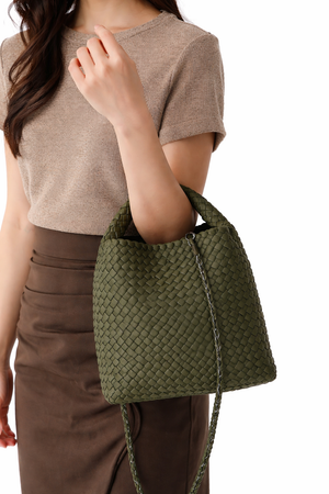 Haute Shore Shelly Woven Olive Bucket Bag for Women – Convertible Top Handle Handbag with Removable Crossbody Strap & Matching Wristlet Pouch