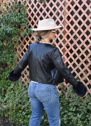 Faux Leather Jacket with Detachable Cuff in Black - J Society