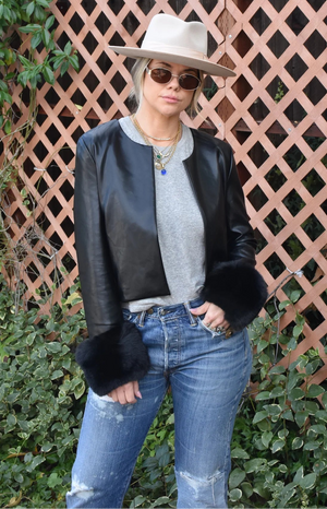 Faux Leather Jacket with Detachable Cuff in Black - J Society