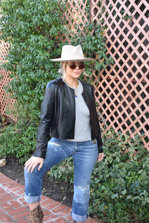 Faux Leather Jacket with Detachable Cuff in Black - J Society