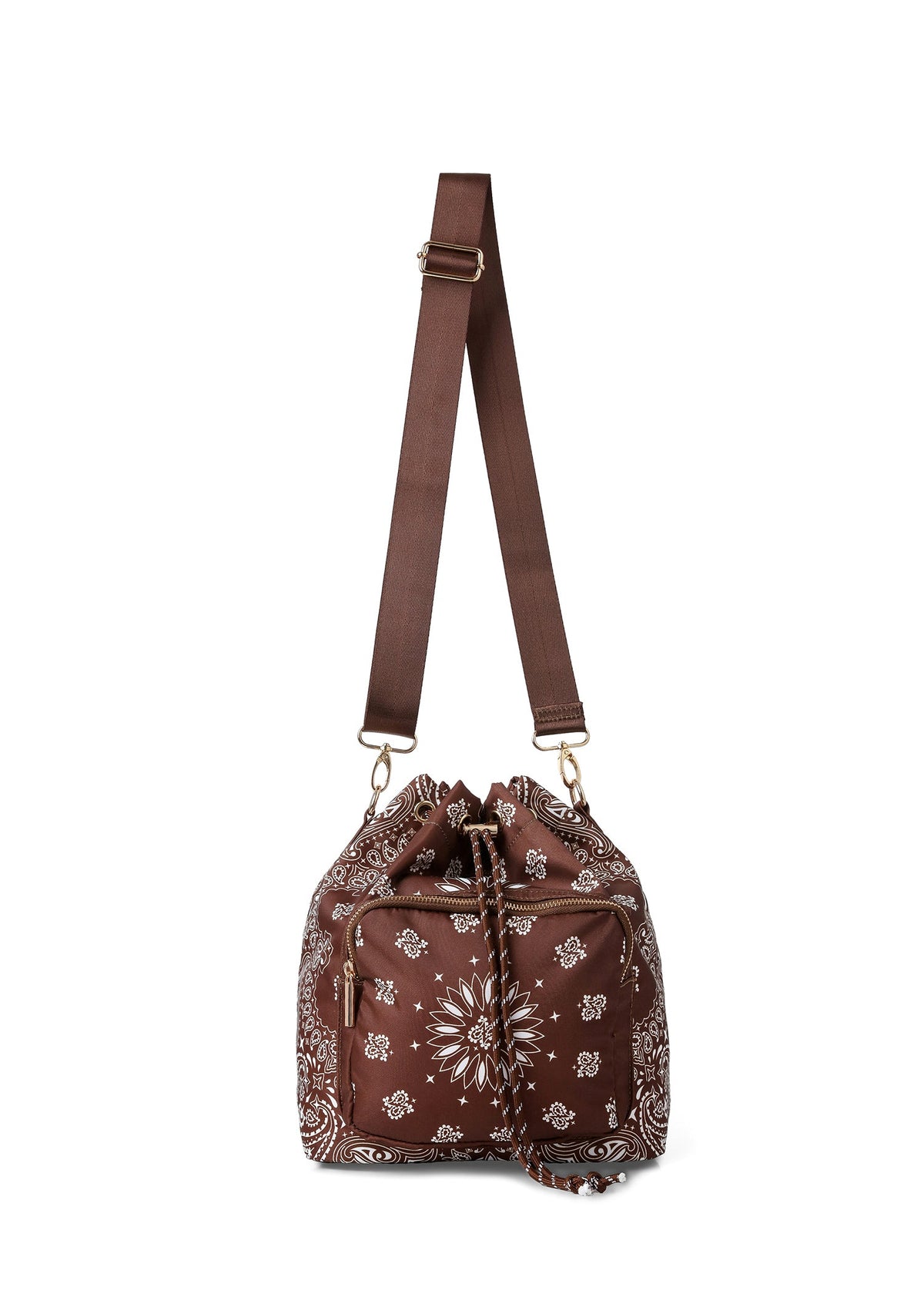Haute Shore - Walnut Bandana Print Bucket Backpack Purse for Women – Convertible Crossbody Shoulder Bag with Adjustable Strap, Drawstring Closure & Front Zipper Pocket