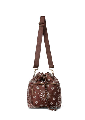Haute Shore - Walnut Bandana Print Bucket Backpack Purse for Women – Convertible Crossbody Shoulder Bag with Adjustable Strap, Drawstring Closure & Front Zipper Pocket