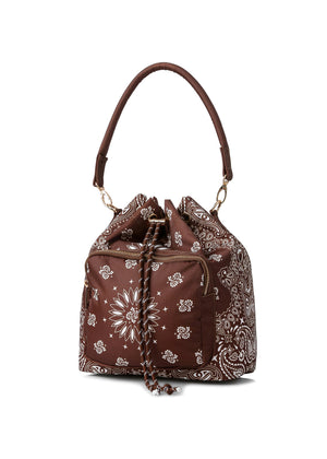 Haute Shore - Walnut Bandana Print Bucket Backpack Purse for Women – Convertible Crossbody Shoulder Bag with Adjustable Strap, Drawstring Closure & Front Zipper Pocket