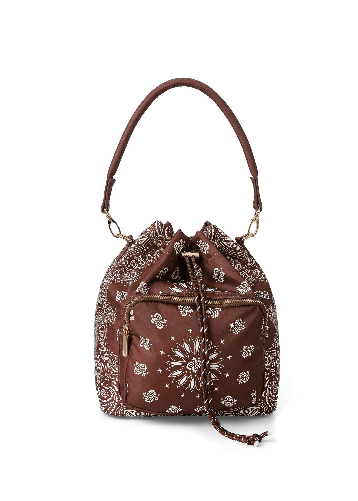 Haute Shore - Walnut Bandana Print Bucket Backpack Purse for Women – Convertible Crossbody Shoulder Bag with Adjustable Strap, Drawstring Closure & Front Zipper Pocket
