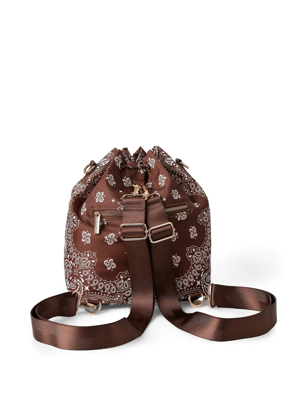Haute Shore - Walnut Bandana Print Bucket Backpack Purse for Women – Convertible Crossbody Shoulder Bag with Adjustable Strap, Drawstring Closure & Front Zipper Pocket