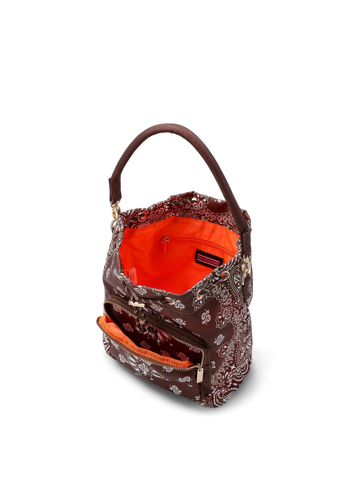 Haute Shore - Walnut Bandana Print Bucket Backpack Purse for Women – Convertible Crossbody Shoulder Bag with Adjustable Strap, Drawstring Closure & Front Zipper Pocket