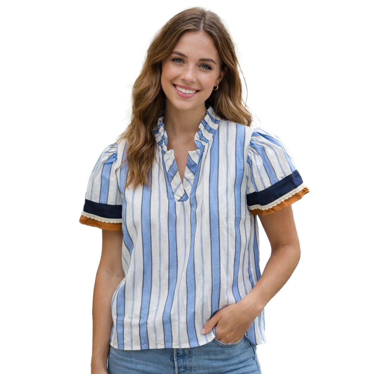Short sleeve stripe v neck shirt-THML WCT3569
