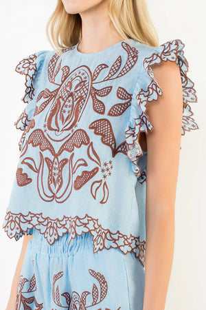 Ruffle slv embroidery detail top-THML WCT3640