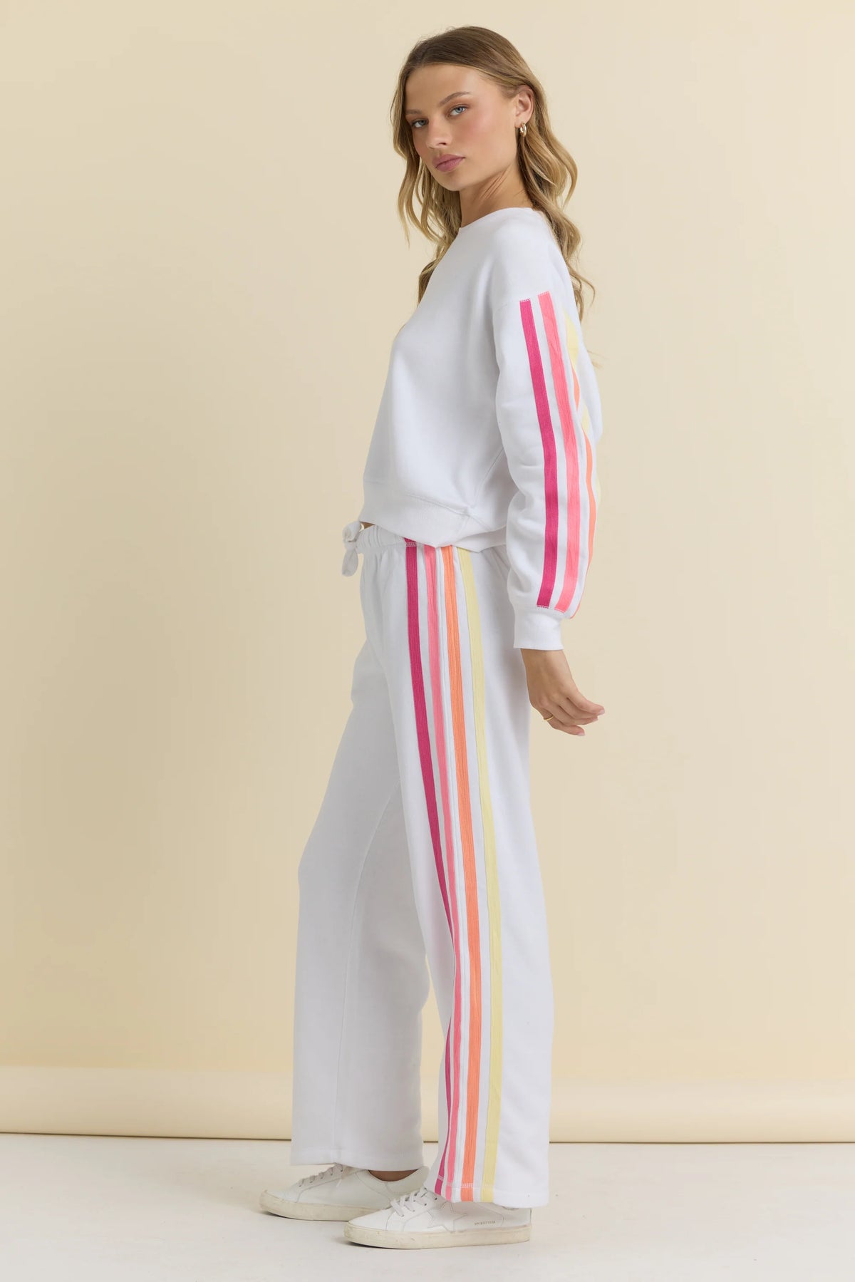 White w/neon stripe fleece wide leg pant-Vintage Havana VH14112