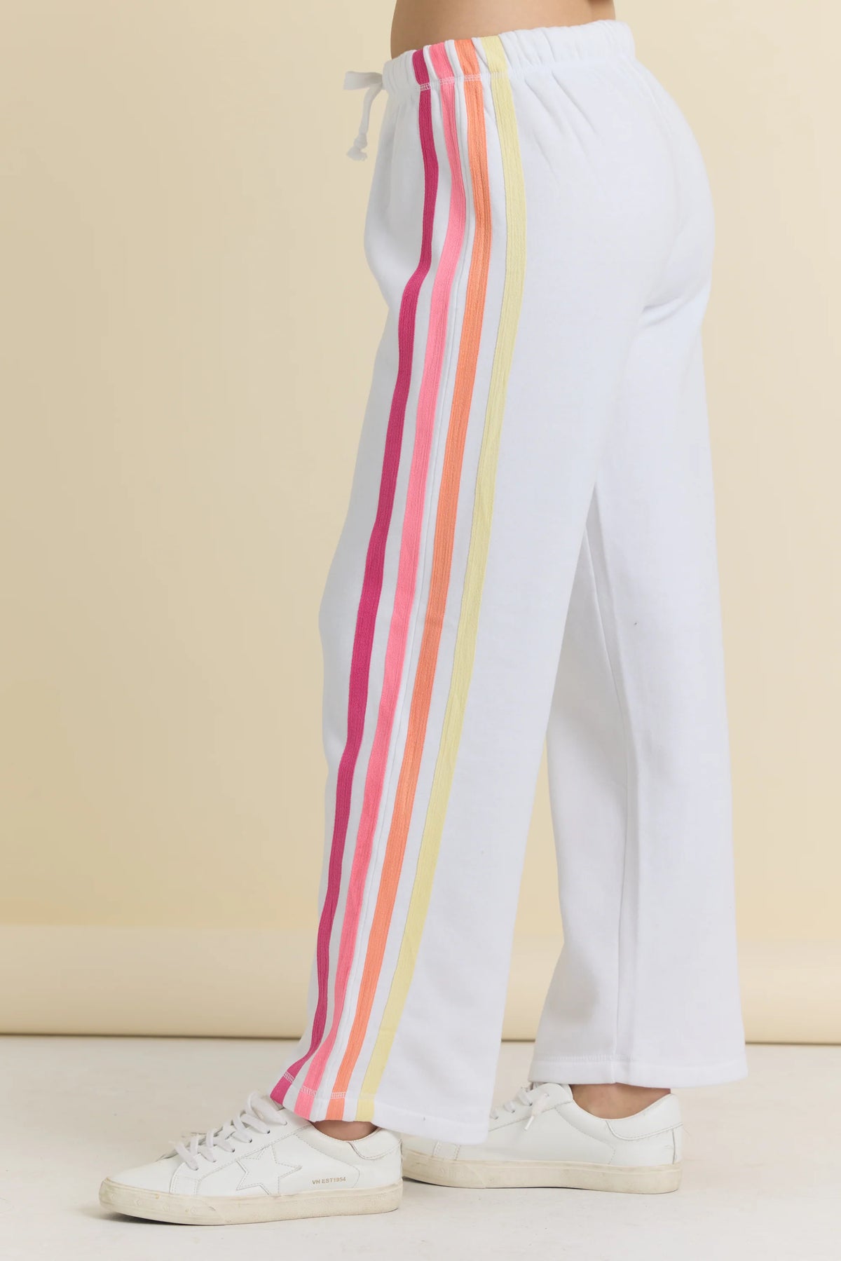 White w/neon stripe fleece wide leg pant-Vintage Havana VH14112